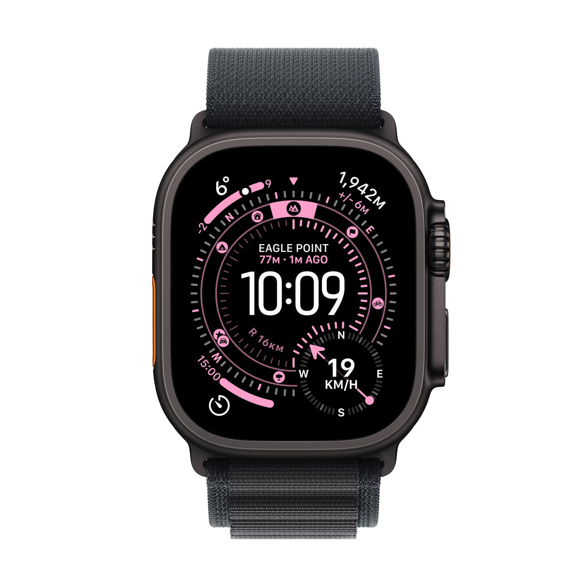 Apple Watch Ultra 3 · 49mm — Mixed — confirm available finish — front view · illustrative band